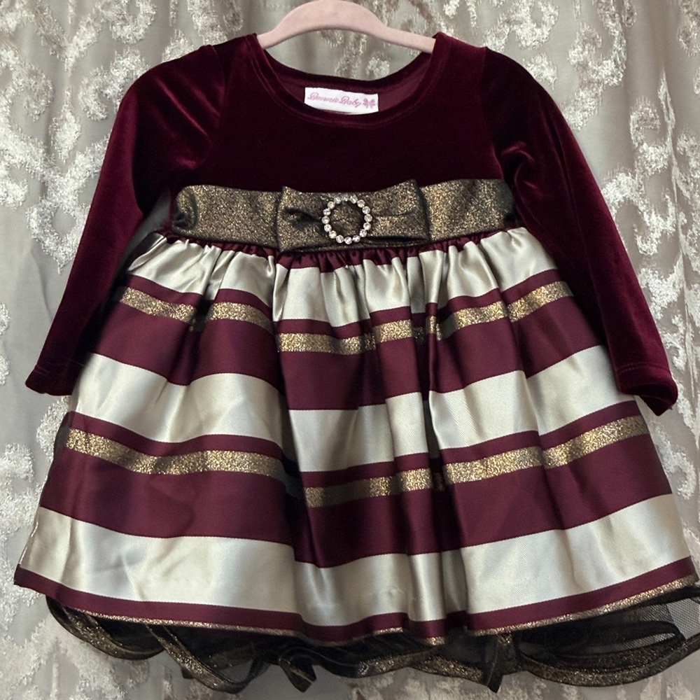Bonnie Baby Long Sleeve Red Velvet Formal Princess Dress SIze 6-9M